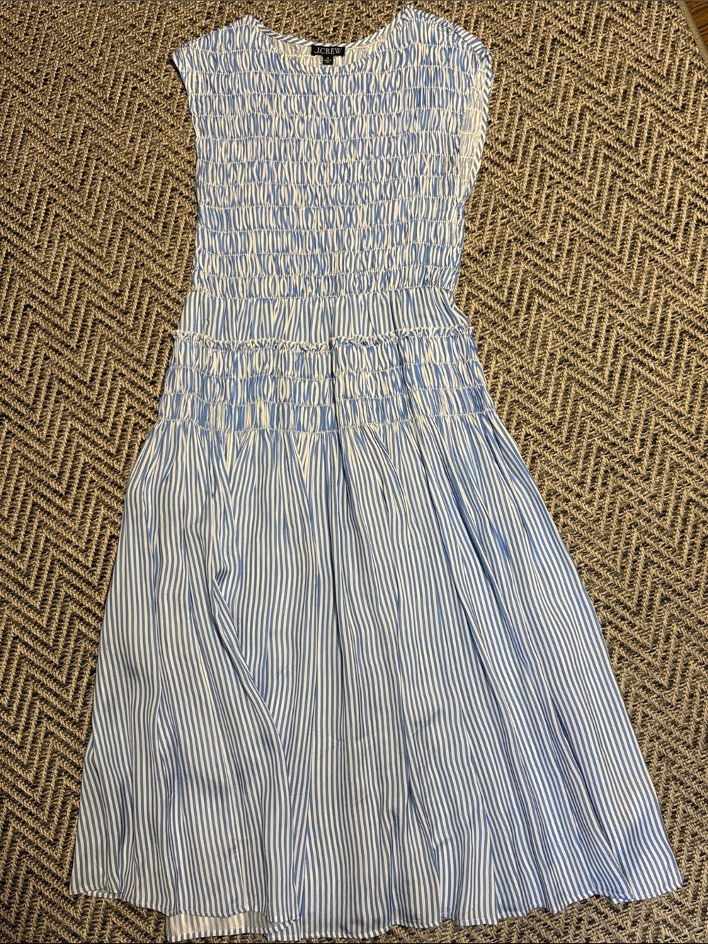 J. Crew Woman's Light Blue and White Striped Smocked Midi Dress